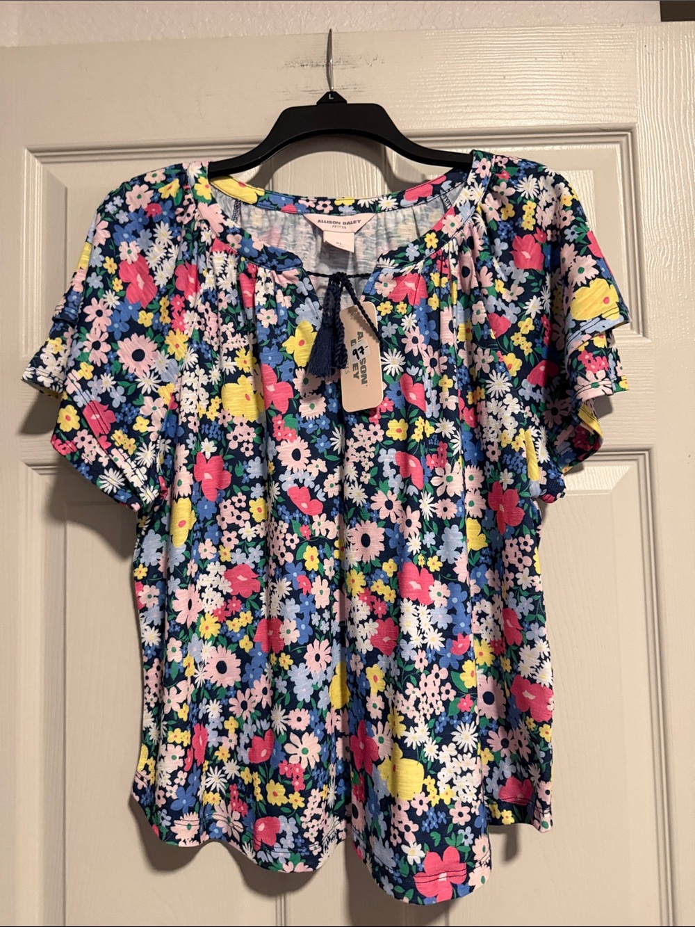 Allison Daley Navy Floral Peasant Blouse with Pink & Yellow Blooms